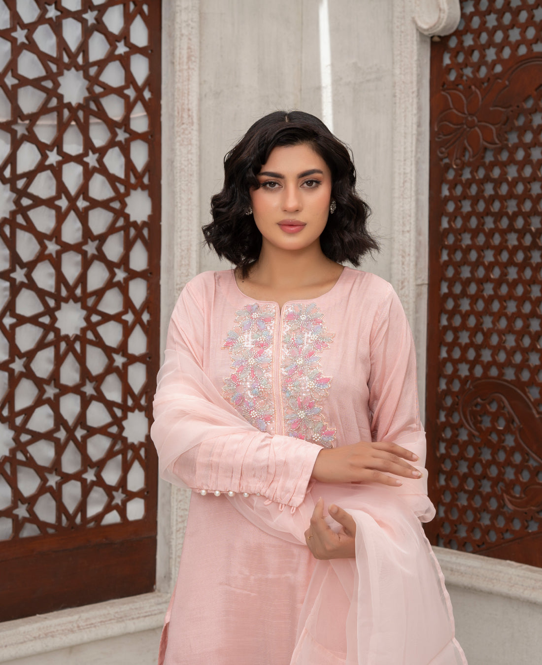 Aks - Pink Embroidered Ada Work 3-Piece Suit - Image 3
