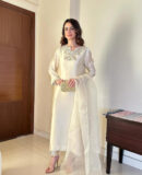 Aks-e-Maah - Beige Adda Work Suit with Organza Dupatta