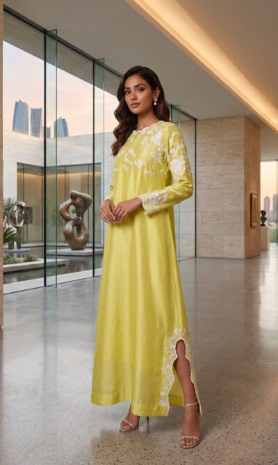 Bahaar - Lemon Yellow Block Print Pearl Work Shirt