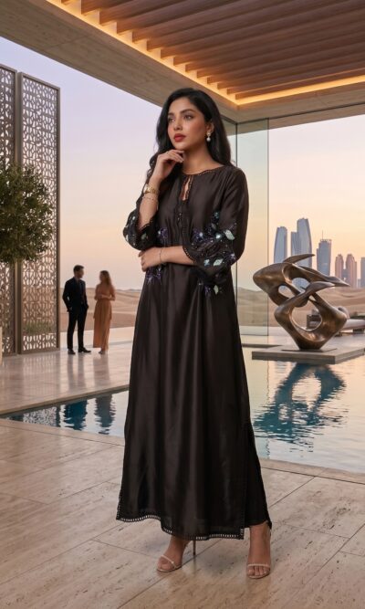 Dreamscape - Black Embroidered Raw Silk Dress