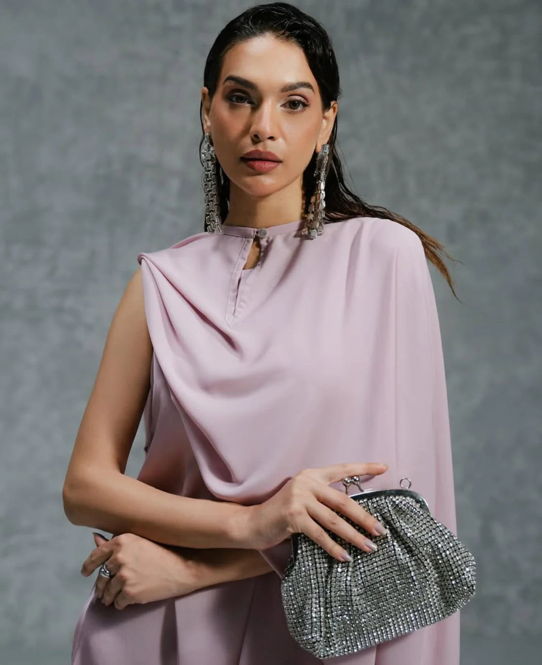 Dreamy Petal - Pink Georgette Long Dress with Drape Shawl - Image 2