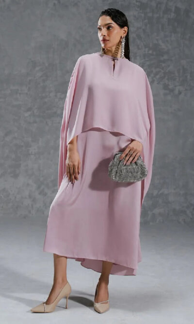 Dreamy Petal - Pink Georgette Long Dress with Drape Shawl