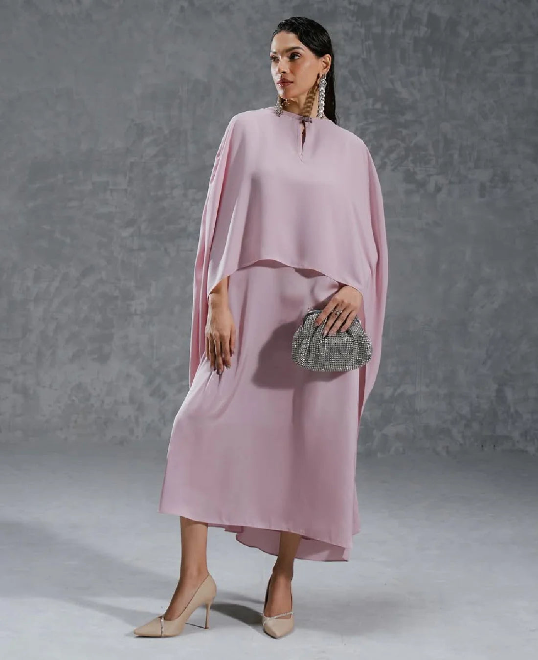 Dreamy Petal - Pink Georgette Long Dress with Drape Shawl