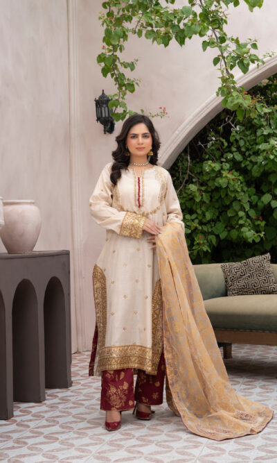 Haya | Beige Embroidered 3-Piece Fancy Ensemble