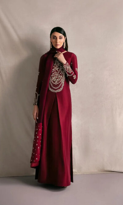 Royal Bloom - Mehroon Embroidered Raw Silk 2-Piece Suit