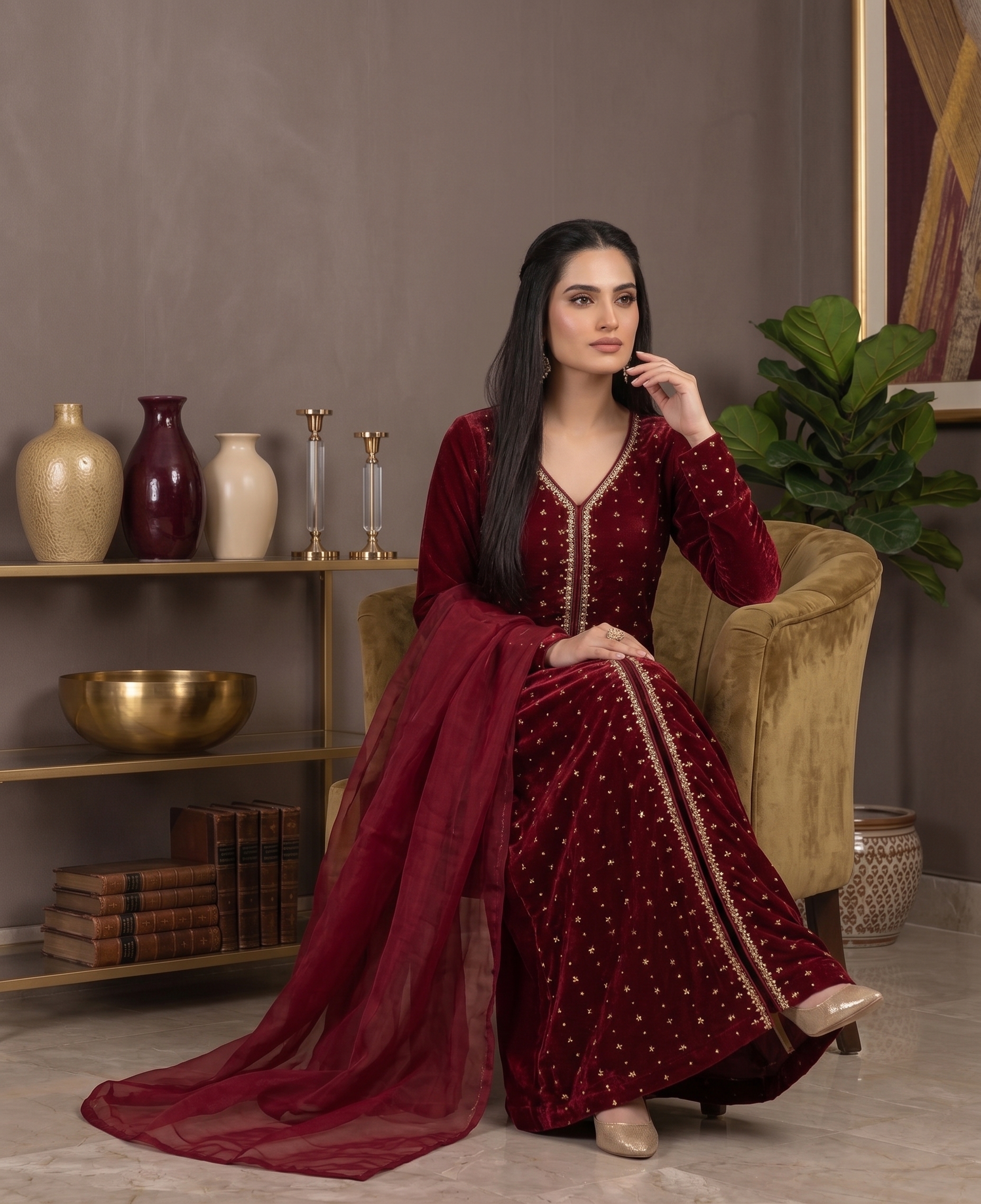 Sajni | Cherry Red Embroidered 3-Piece Ensemble - Image 2