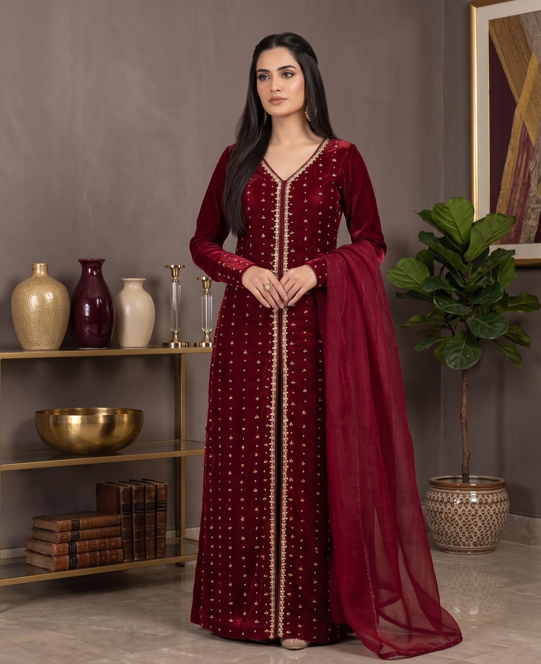 Sajni | Cherry Red Embroidered 3-Piece Ensemble