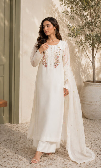 Shahkaar - Milky White Adda Work 3-Piece Ensemble