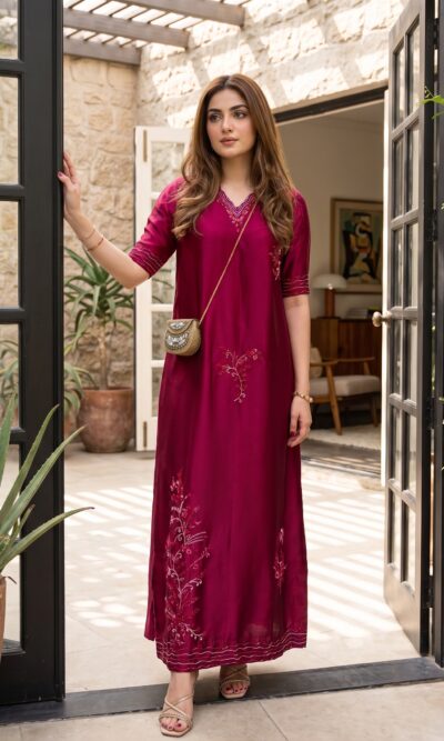 Virsa - Dark Mehroon Embroidered Raw Silk Dress